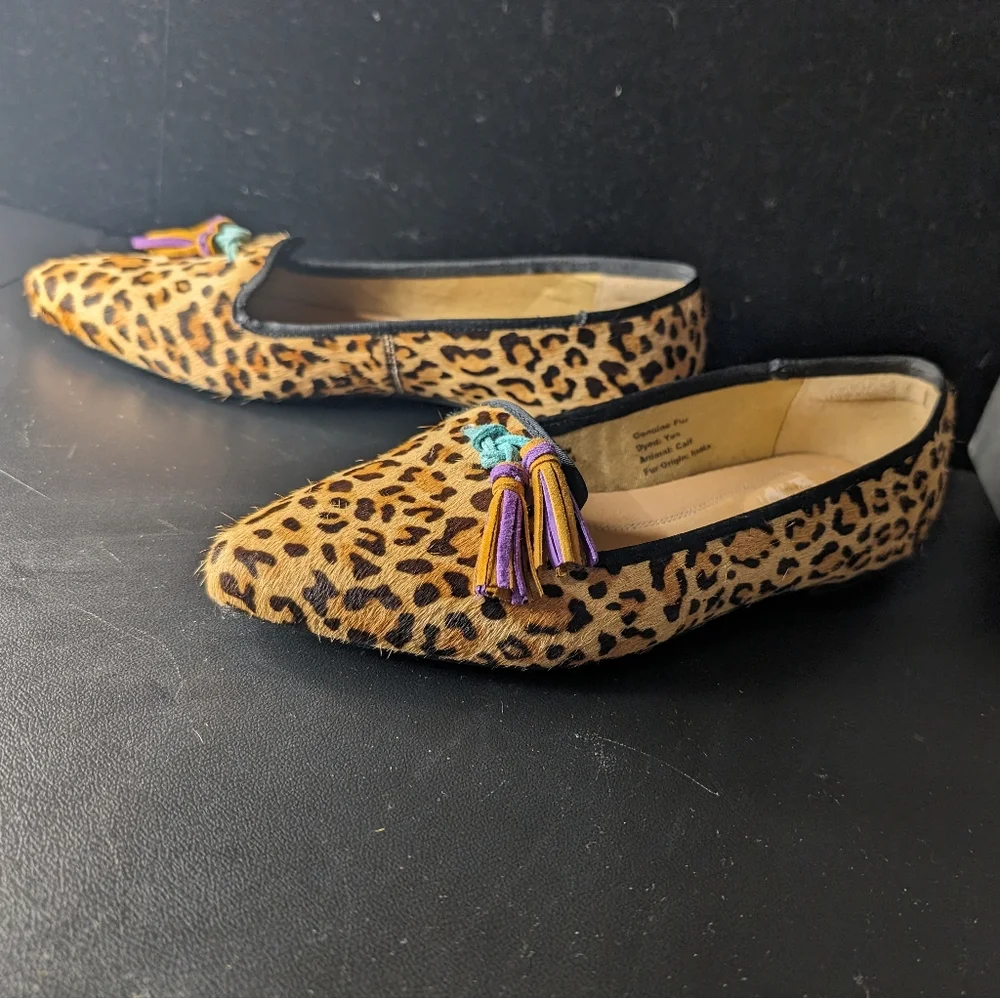 Hush Puppies NWOT 7 cheetah print genuine fur colorful tassel slip on loafers‎